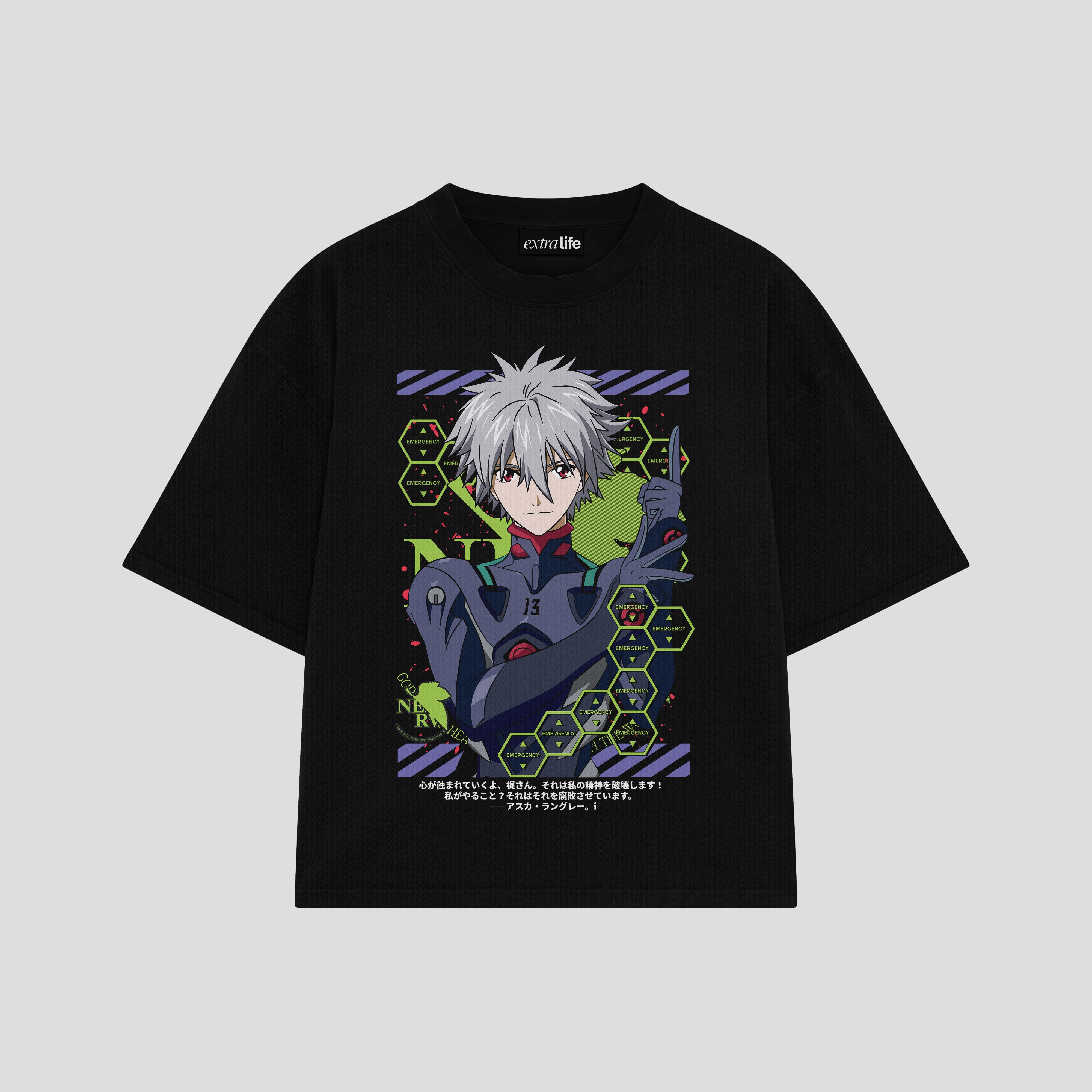 Playera streetwear premium de anime y gaming ExtraLife MX, corte boxy oversized drop shoulder heavyweight en color Deep Black y Off-White, moda urbana mexicana de culto.