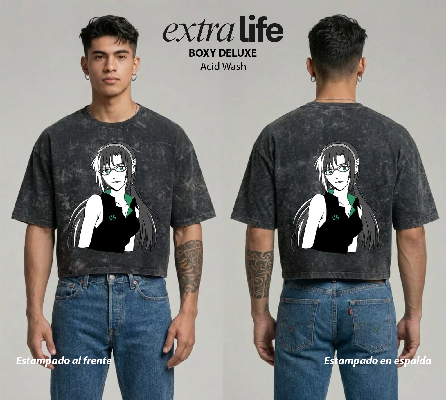 Playera streetwear premium de anime y gaming ExtraLife MX, corte boxy deluxe mineral wash heavyweight en color Acid Wash, moda urbana mexicana de culto.