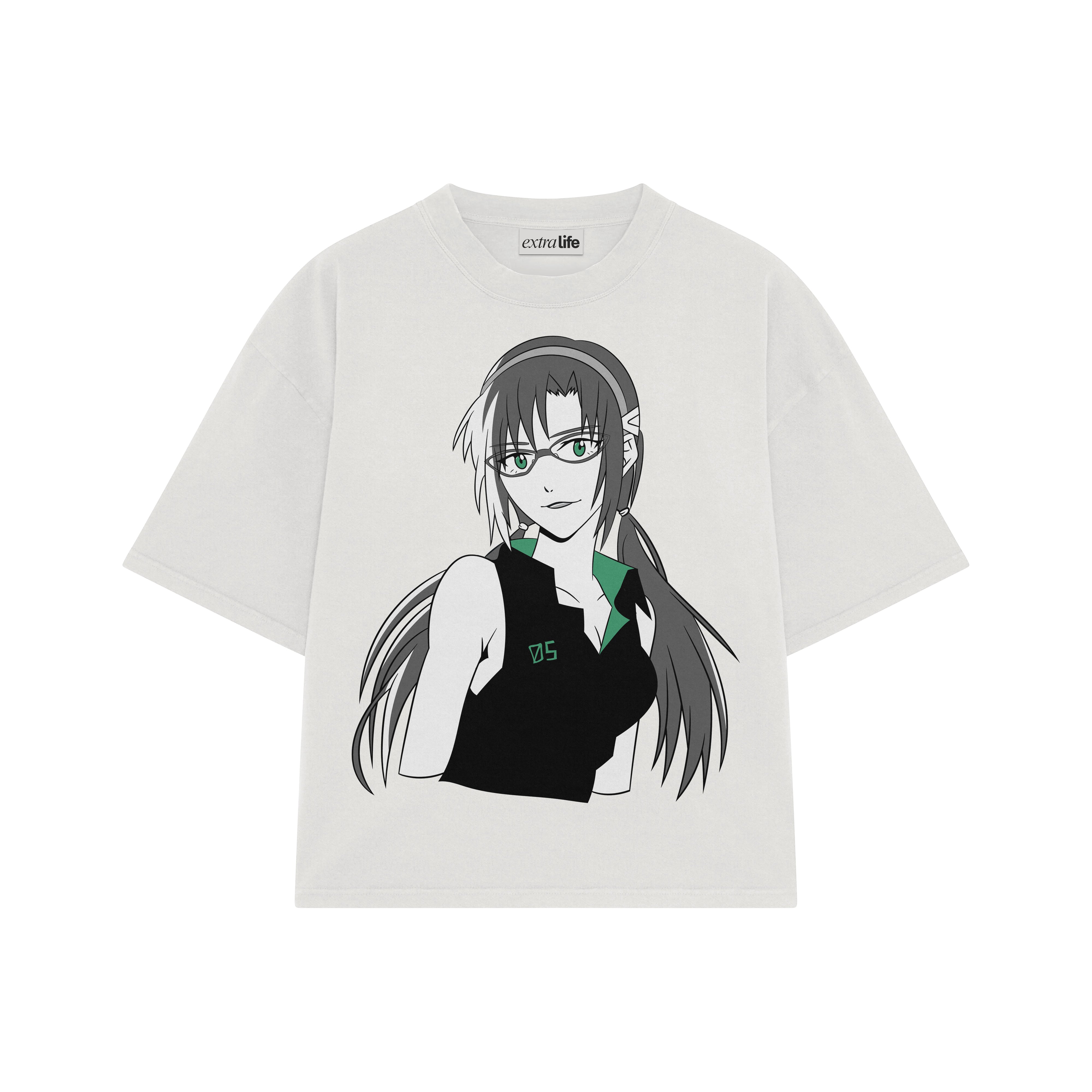 Playera streetwear premium de anime y gaming ExtraLife MX, corte boxy oversized drop shoulder heavyweight en color Deep Black y Off-White, moda urbana mexicana de culto.