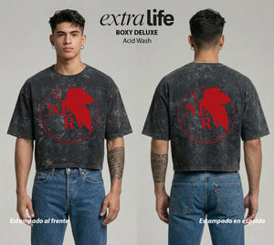 Playera streetwear premium de anime y gaming ExtraLife MX, corte boxy deluxe mineral wash heavyweight en color Acid Wash, moda urbana mexicana de culto.