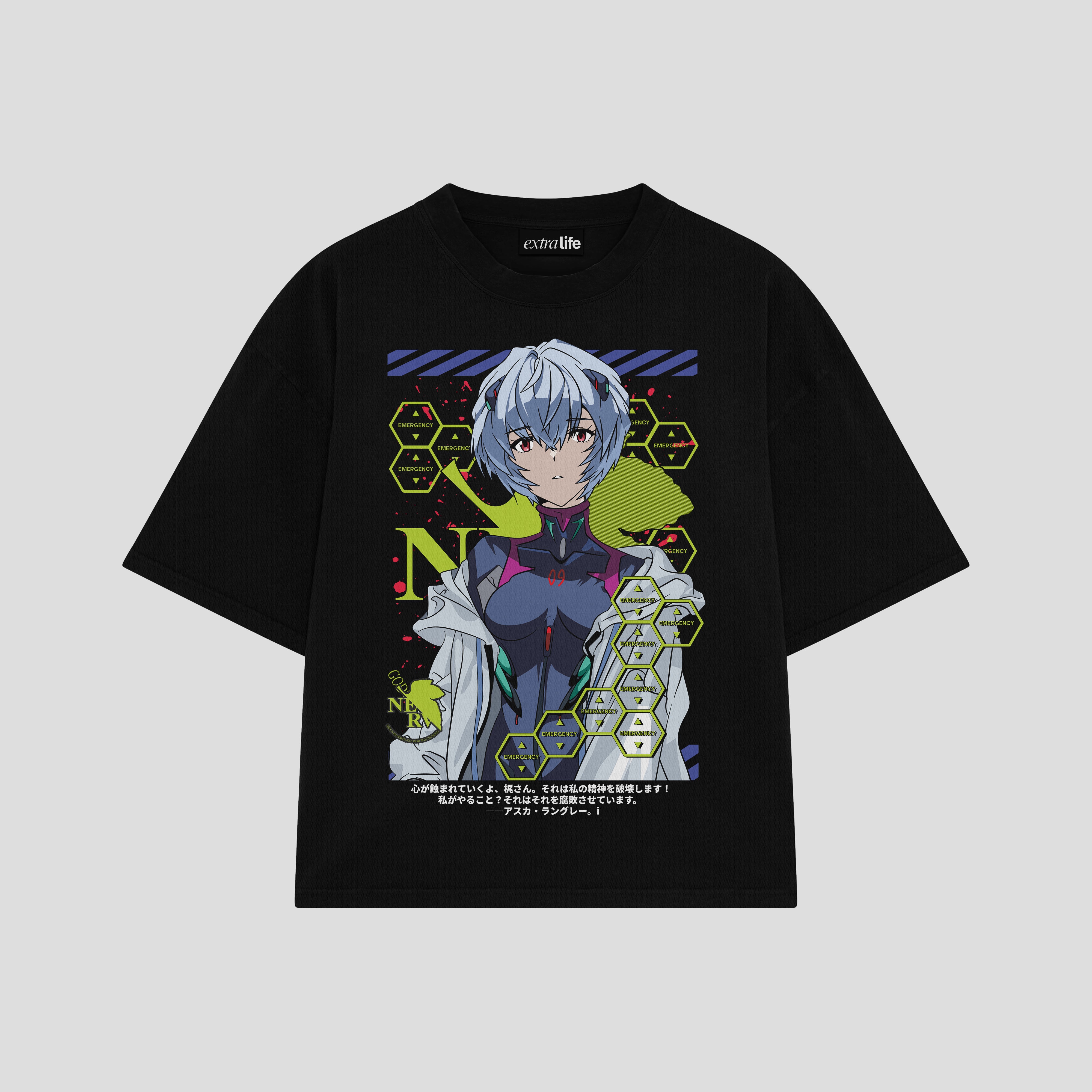 Playera streetwear premium de anime y gaming ExtraLife MX, corte boxy oversized drop shoulder heavyweight en color Deep Black y Off-White, moda urbana mexicana de culto.