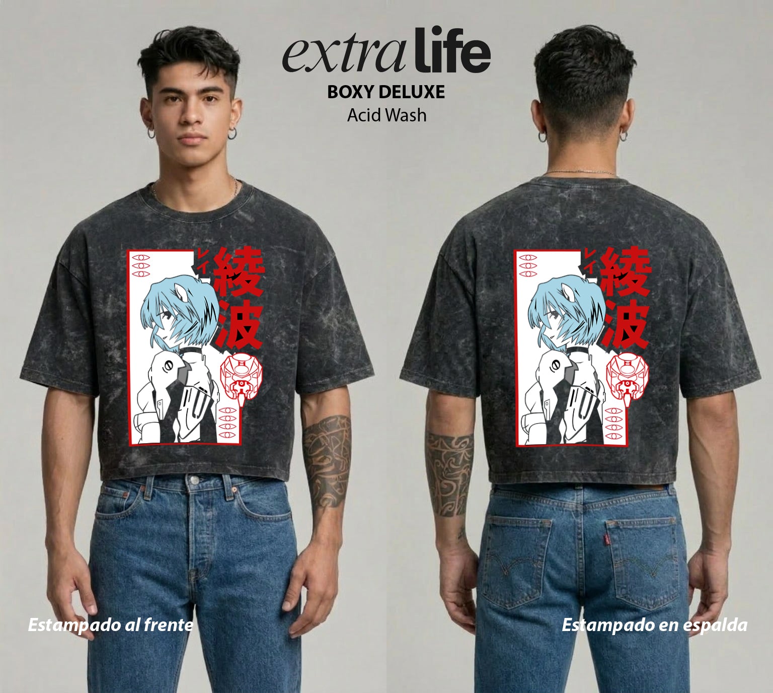 Playera streetwear premium de anime y gaming ExtraLife MX, corte boxy deluxe mineral wash heavyweight en color Acid Wash, moda urbana mexicana de culto.