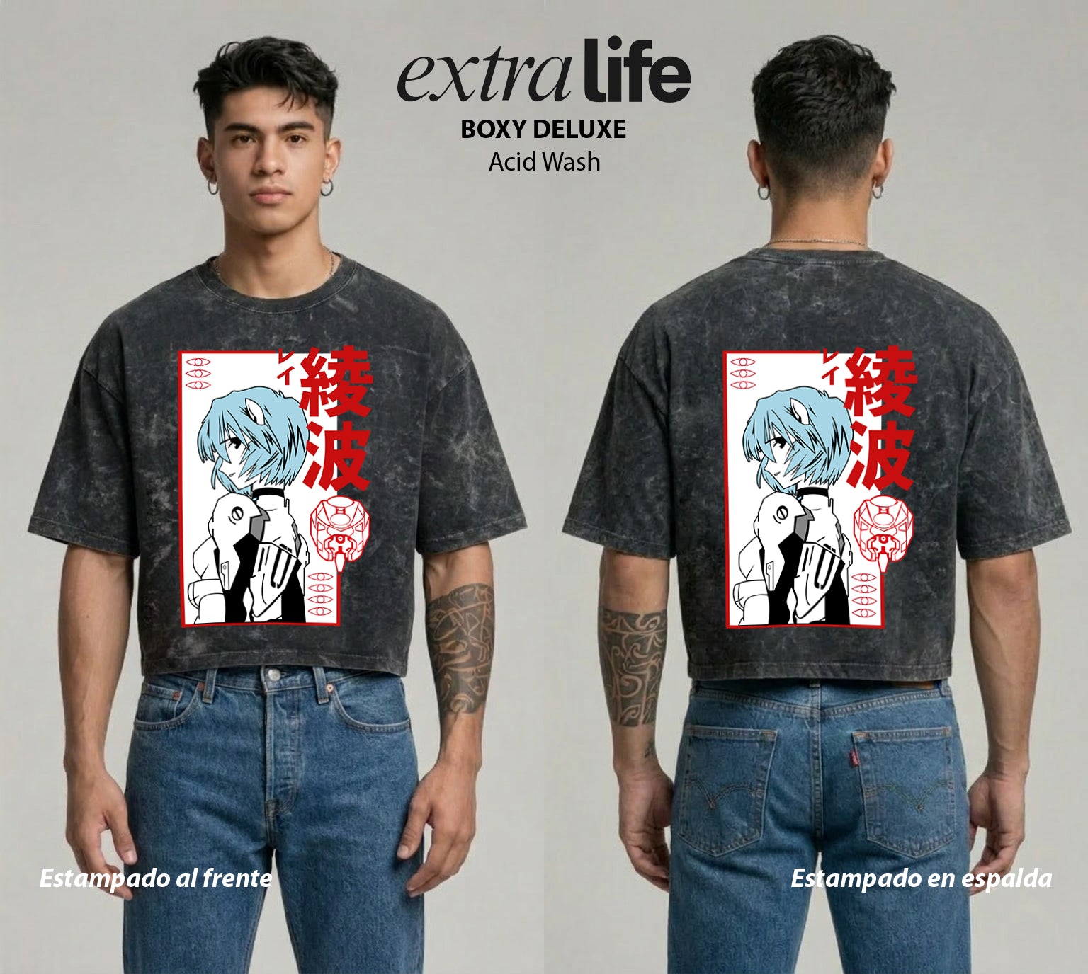 Playera streetwear premium de anime y gaming ExtraLife MX, corte boxy deluxe mineral wash heavyweight en color Acid Wash, moda urbana mexicana de culto.