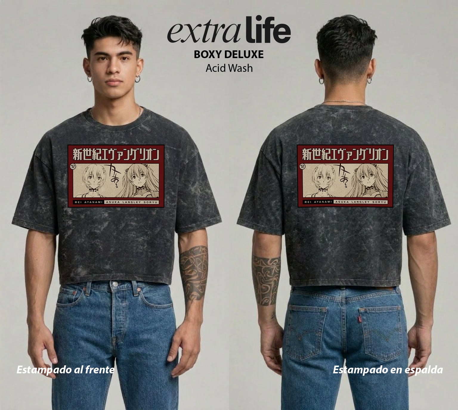 Playera streetwear premium de anime y gaming ExtraLife MX, corte boxy deluxe mineral wash heavyweight en color Acid Wash, moda urbana mexicana de culto.