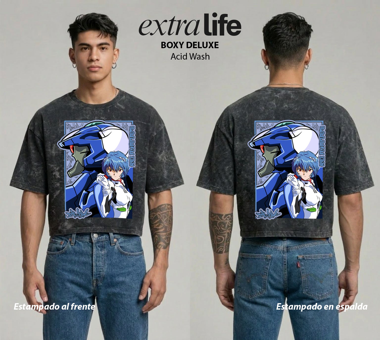 Playera streetwear premium de anime y gaming ExtraLife MX, corte boxy deluxe mineral wash heavyweight en color Acid Wash, moda urbana mexicana de culto.