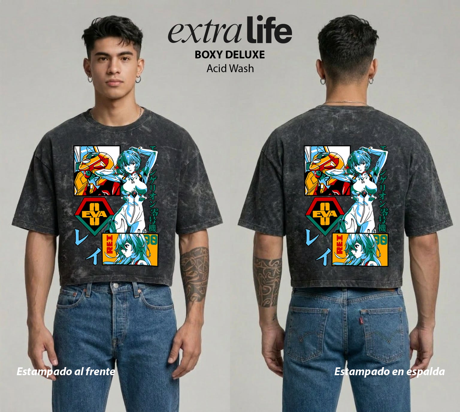 Playera streetwear premium de anime y gaming ExtraLife MX, corte boxy deluxe mineral wash heavyweight en color Acid Wash, moda urbana mexicana de culto.