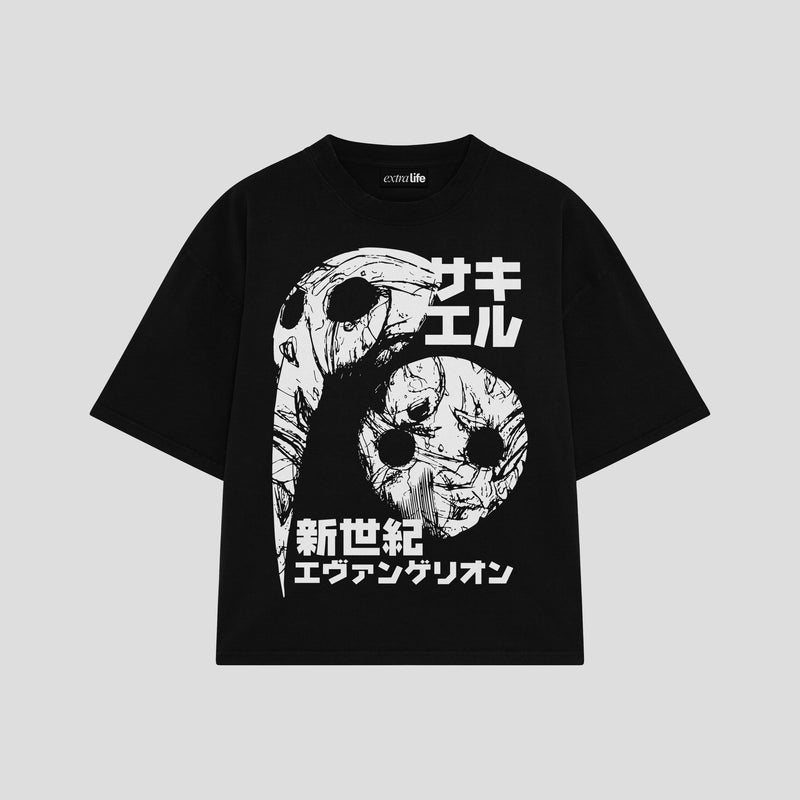 Playera streetwear premium de anime y gaming ExtraLife MX, corte boxy oversized drop shoulder heavyweight en color Deep Black y Off-White, moda urbana mexicana de culto.