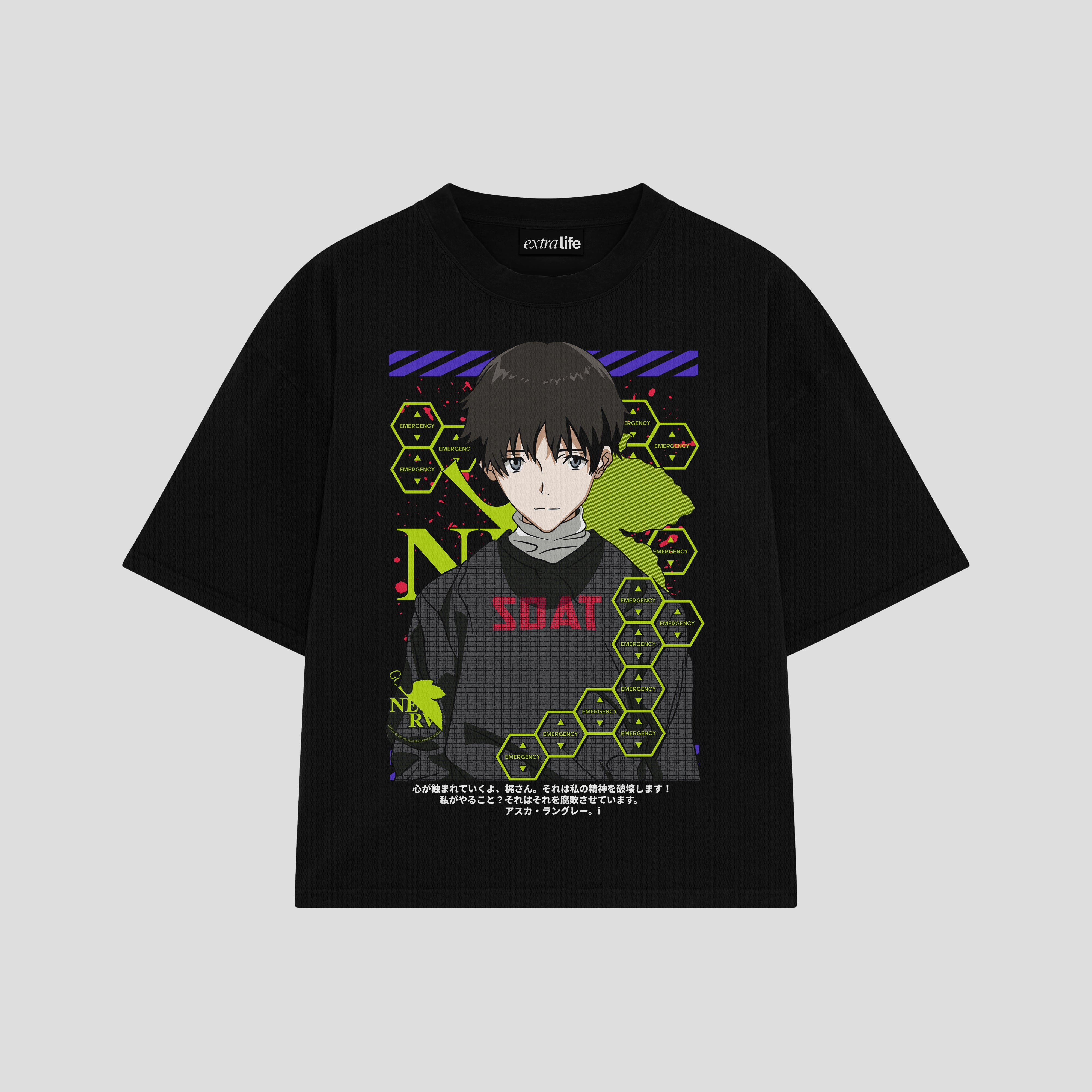 Playera streetwear premium de anime y gaming ExtraLife MX, corte boxy oversized drop shoulder heavyweight en color Deep Black y Off-White, moda urbana mexicana de culto.
