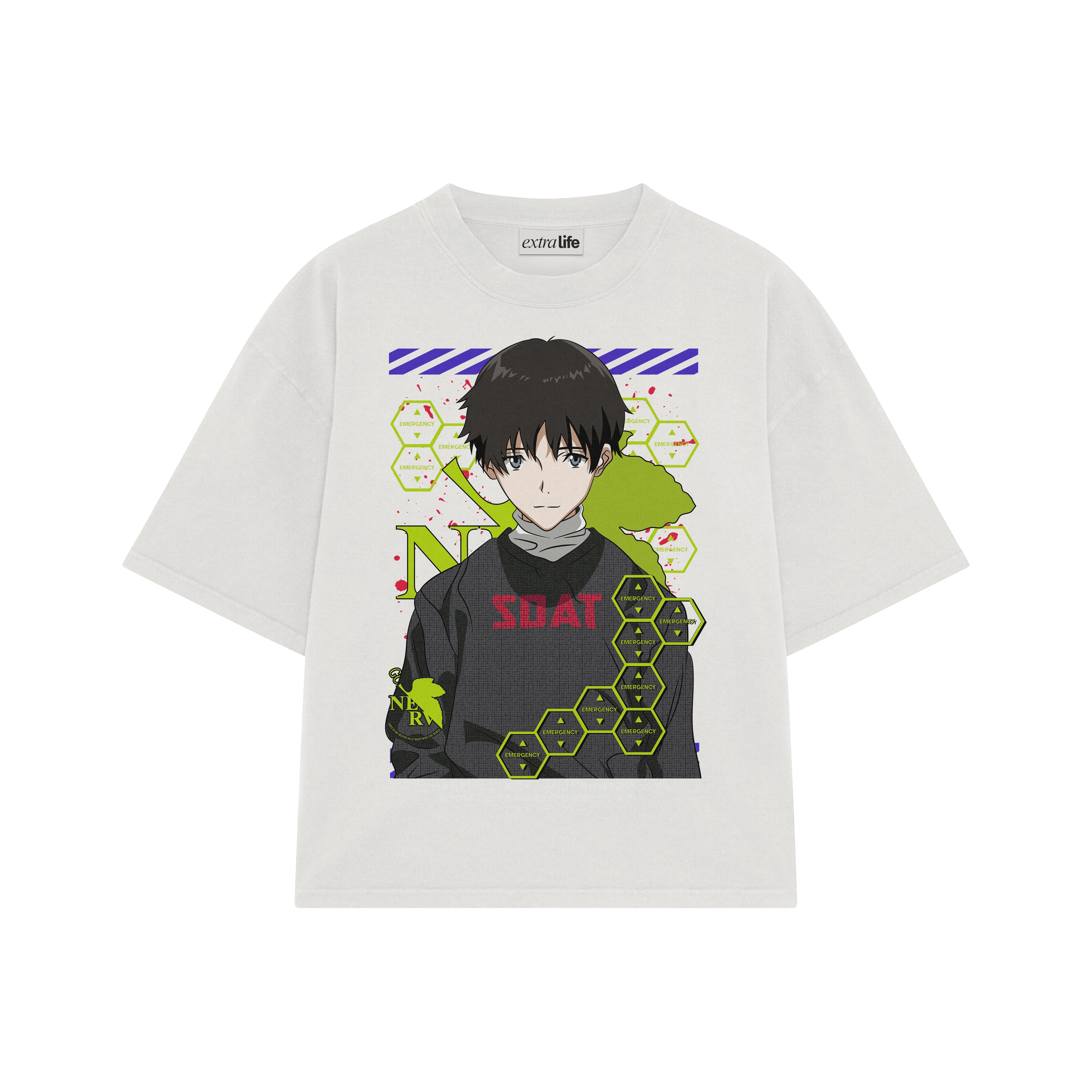 Playera streetwear premium de anime y gaming ExtraLife MX, corte boxy oversized drop shoulder heavyweight en color Deep Black y Off-White, moda urbana mexicana de culto.