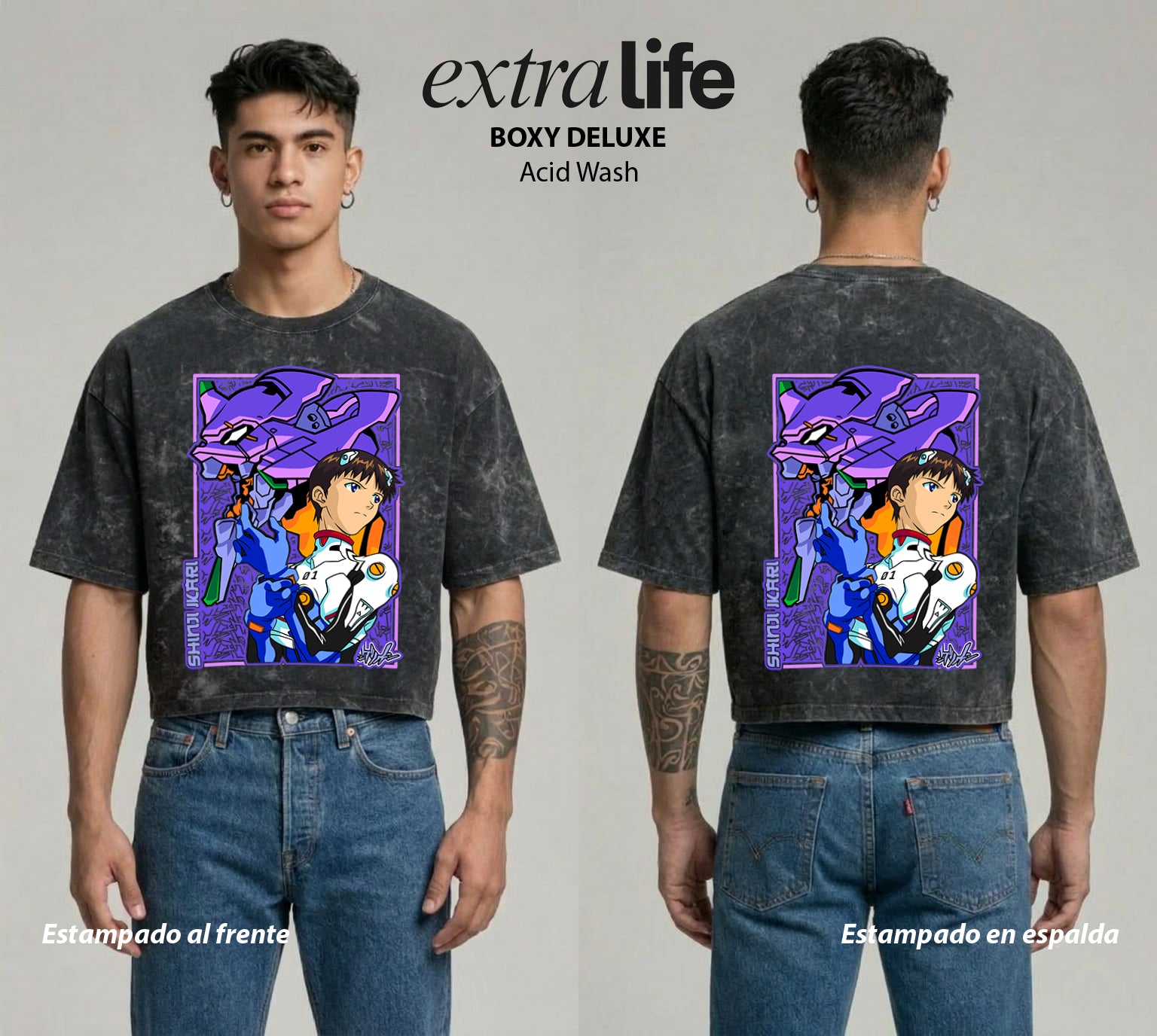 Playera streetwear premium de anime y gaming ExtraLife MX, corte boxy deluxe mineral wash heavyweight en color Acid Wash, moda urbana mexicana de culto.