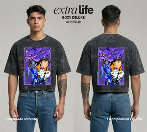 Playera streetwear premium de anime y gaming ExtraLife MX, corte boxy deluxe mineral wash heavyweight en color Acid Wash, moda urbana mexicana de culto.
