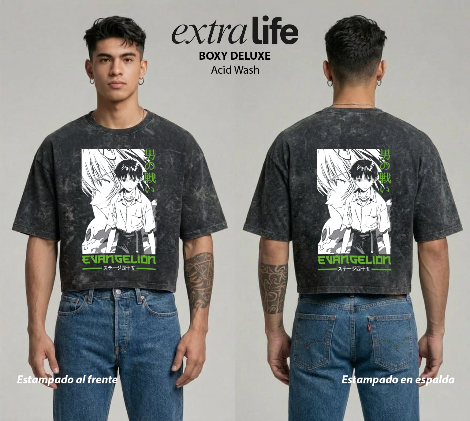 Playera streetwear premium de anime y gaming ExtraLife MX, corte boxy deluxe mineral wash heavyweight en color Acid Wash, moda urbana mexicana de culto.