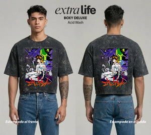 Playera streetwear premium de anime y gaming ExtraLife MX, corte boxy deluxe mineral wash heavyweight en color Acid Wash, moda urbana mexicana de culto.