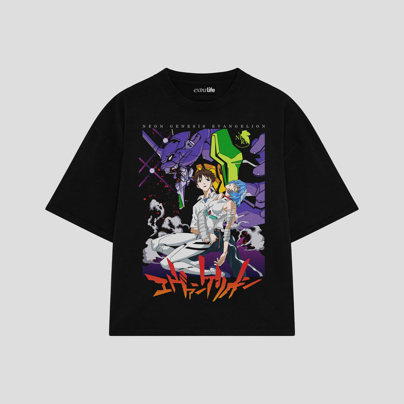 Playera streetwear premium de anime y gaming ExtraLife MX, corte boxy oversized drop shoulder heavyweight en color Deep Black y Off-White, moda urbana mexicana de culto.