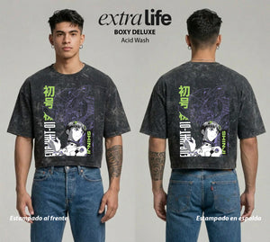 Playera streetwear premium de anime y gaming ExtraLife MX, corte boxy deluxe mineral wash heavyweight en color Acid Wash, moda urbana mexicana de culto.