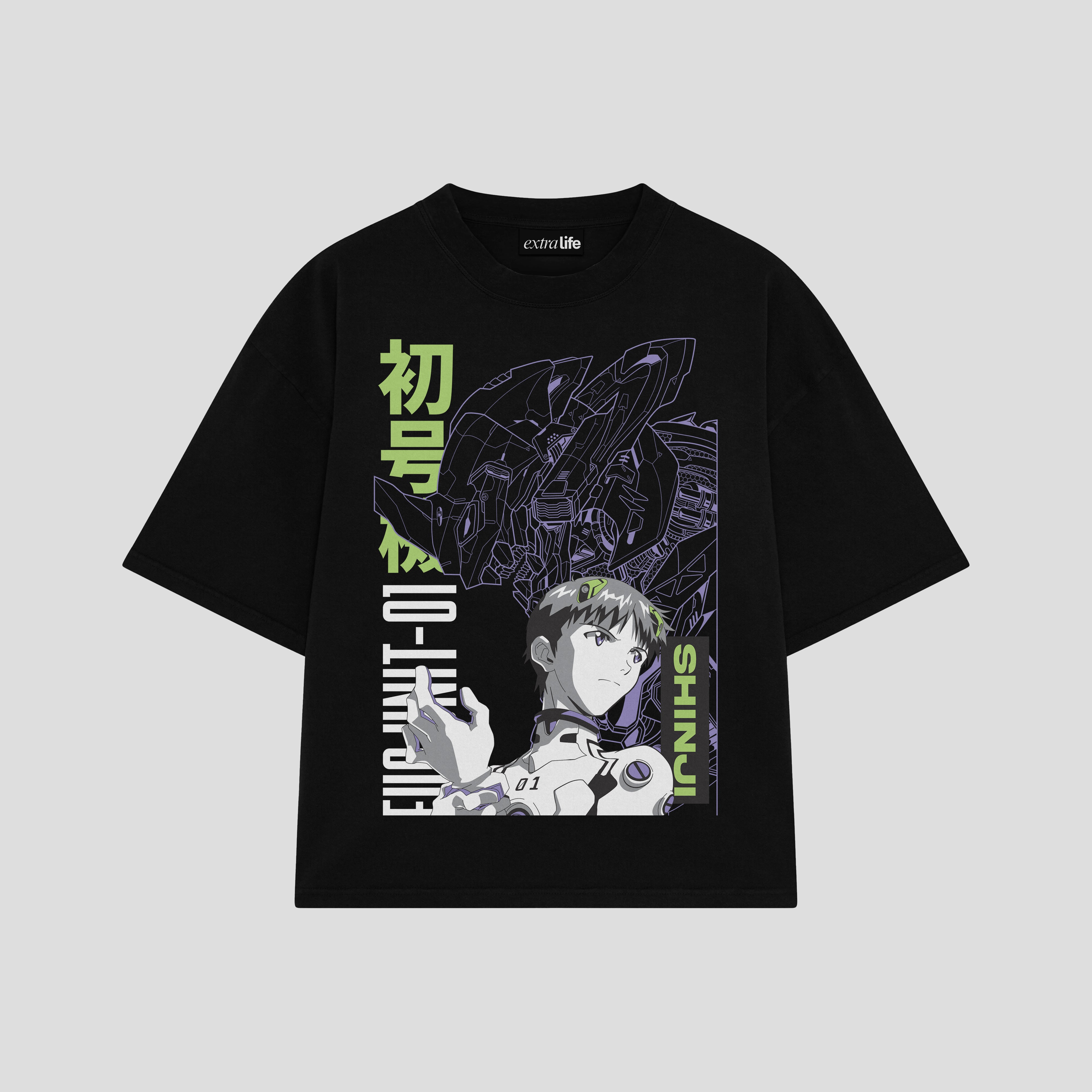 Playera streetwear premium de anime y gaming ExtraLife MX, corte boxy oversized drop shoulder heavyweight en color Deep Black y Off-White, moda urbana mexicana de culto.