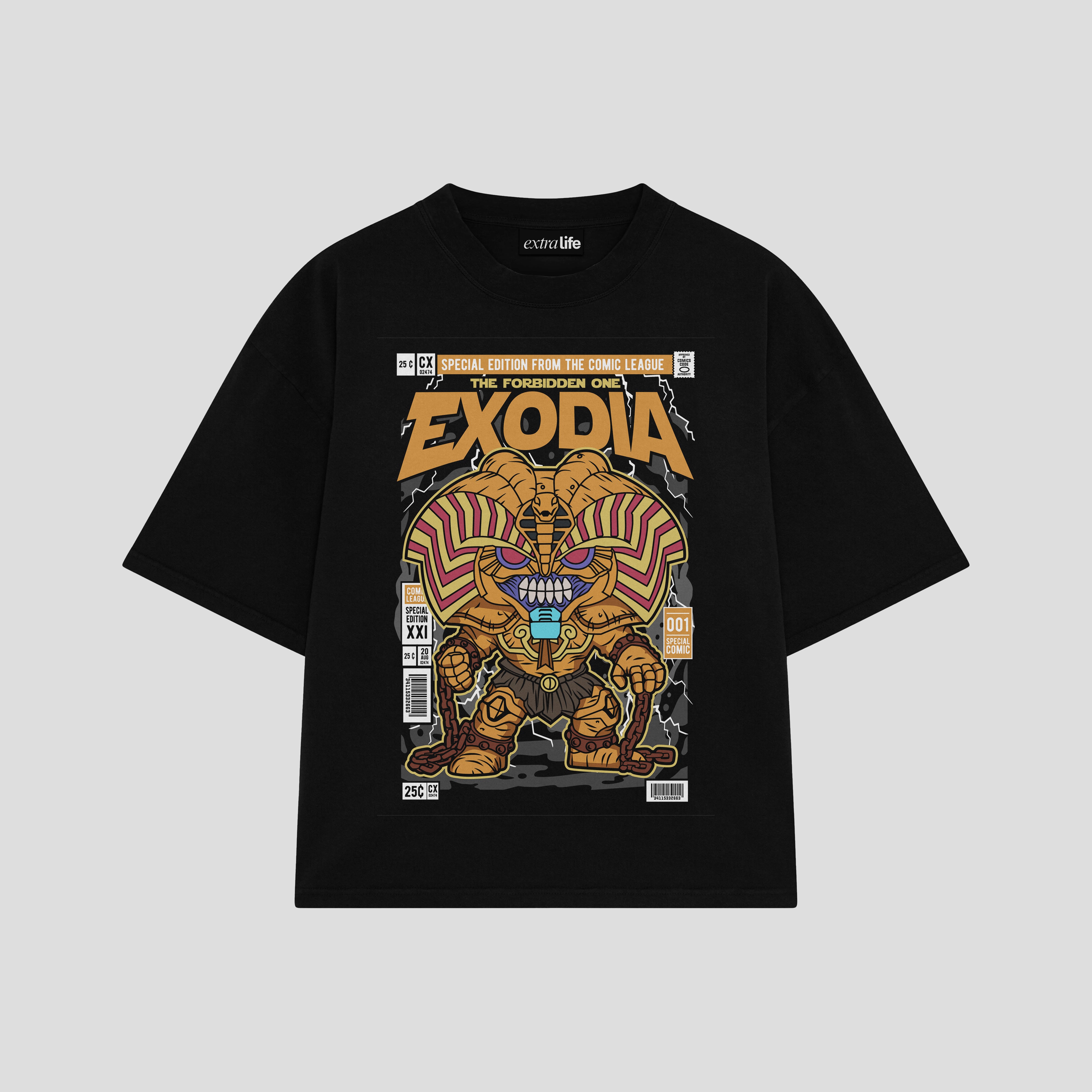 Playera streetwear premium de anime y gaming ExtraLife MX, corte boxy oversized drop shoulder heavyweight en color Deep Black y Off-White, moda urbana mexicana de culto.