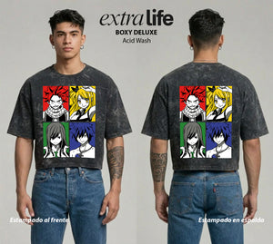 Playera streetwear premium de anime y gaming ExtraLife MX, corte boxy deluxe mineral wash heavyweight en color Acid Wash, moda urbana mexicana de culto.