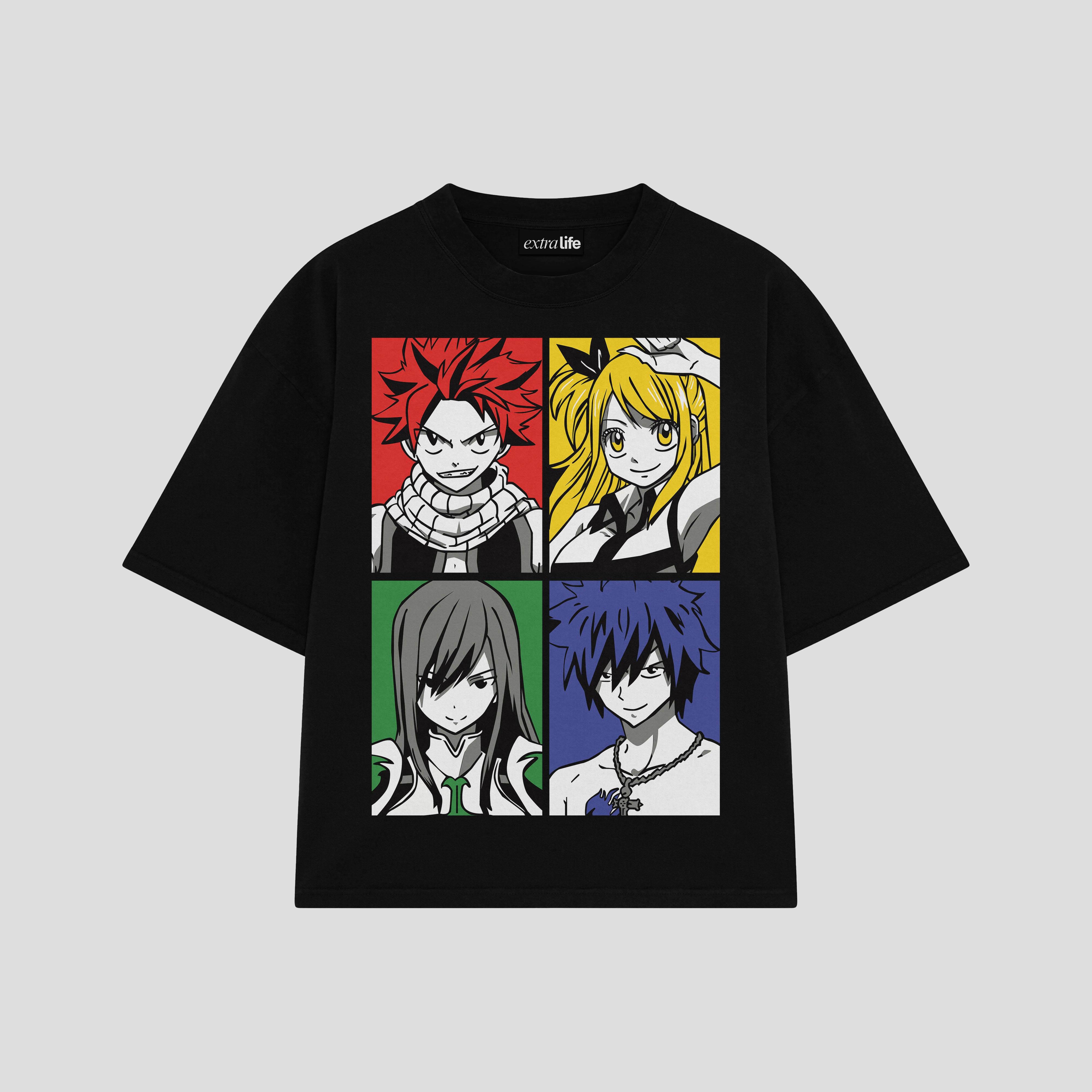 Playera streetwear premium de anime y gaming ExtraLife MX, corte boxy oversized drop shoulder heavyweight en color Deep Black y Off-White, moda urbana mexicana de culto.