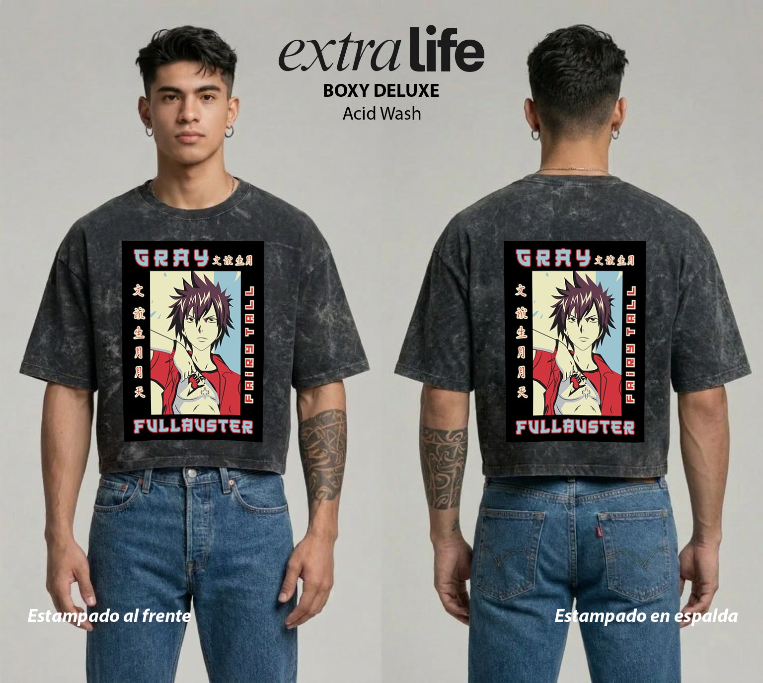 Playera streetwear premium de anime y gaming ExtraLife MX, corte boxy deluxe mineral wash heavyweight en color Acid Wash, moda urbana mexicana de culto.