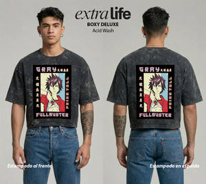 Playera streetwear premium de anime y gaming ExtraLife MX, corte boxy deluxe mineral wash heavyweight en color Acid Wash, moda urbana mexicana de culto.