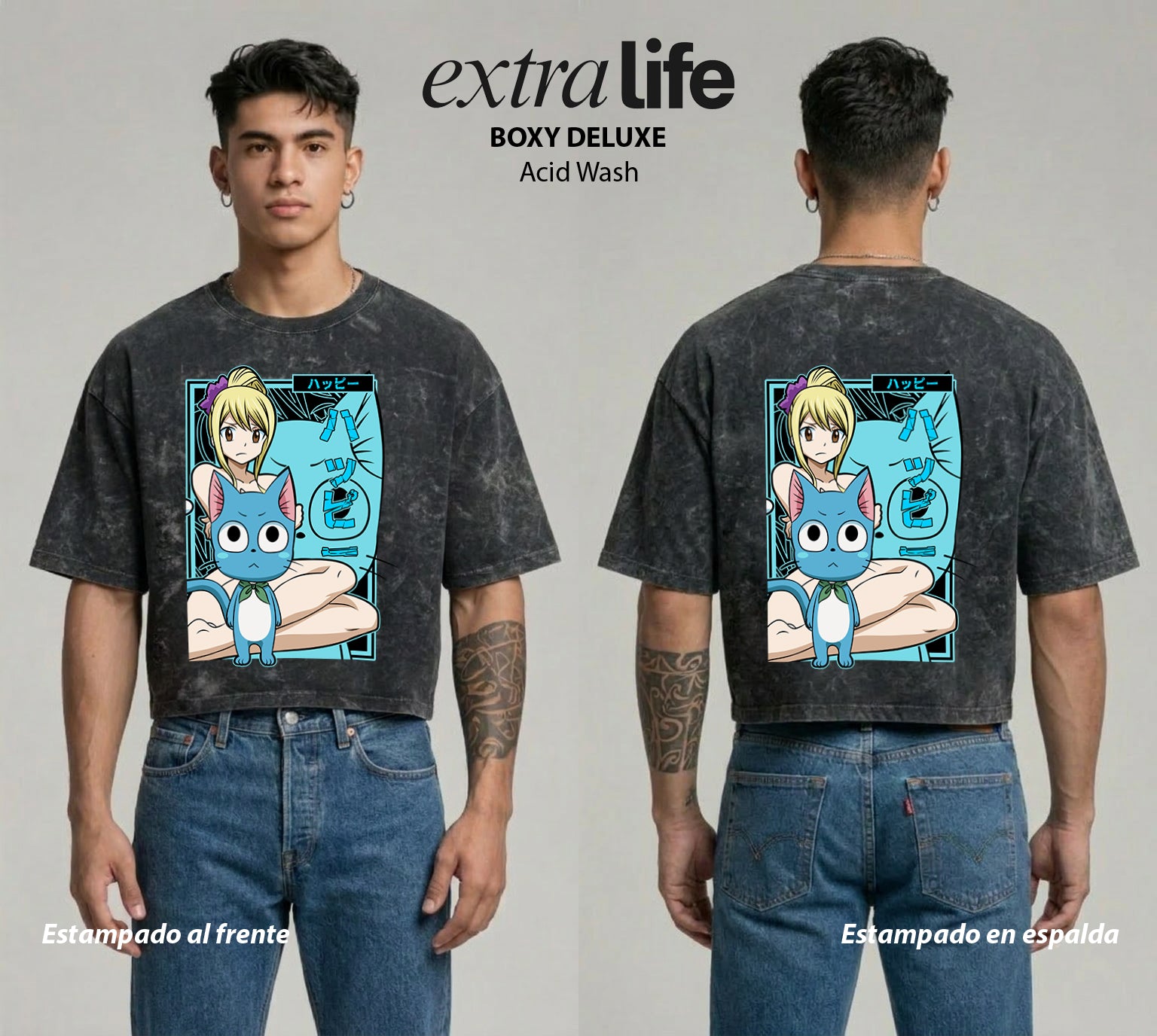 Playera streetwear premium de anime y gaming ExtraLife MX, corte boxy deluxe mineral wash heavyweight en color Acid Wash, moda urbana mexicana de culto.