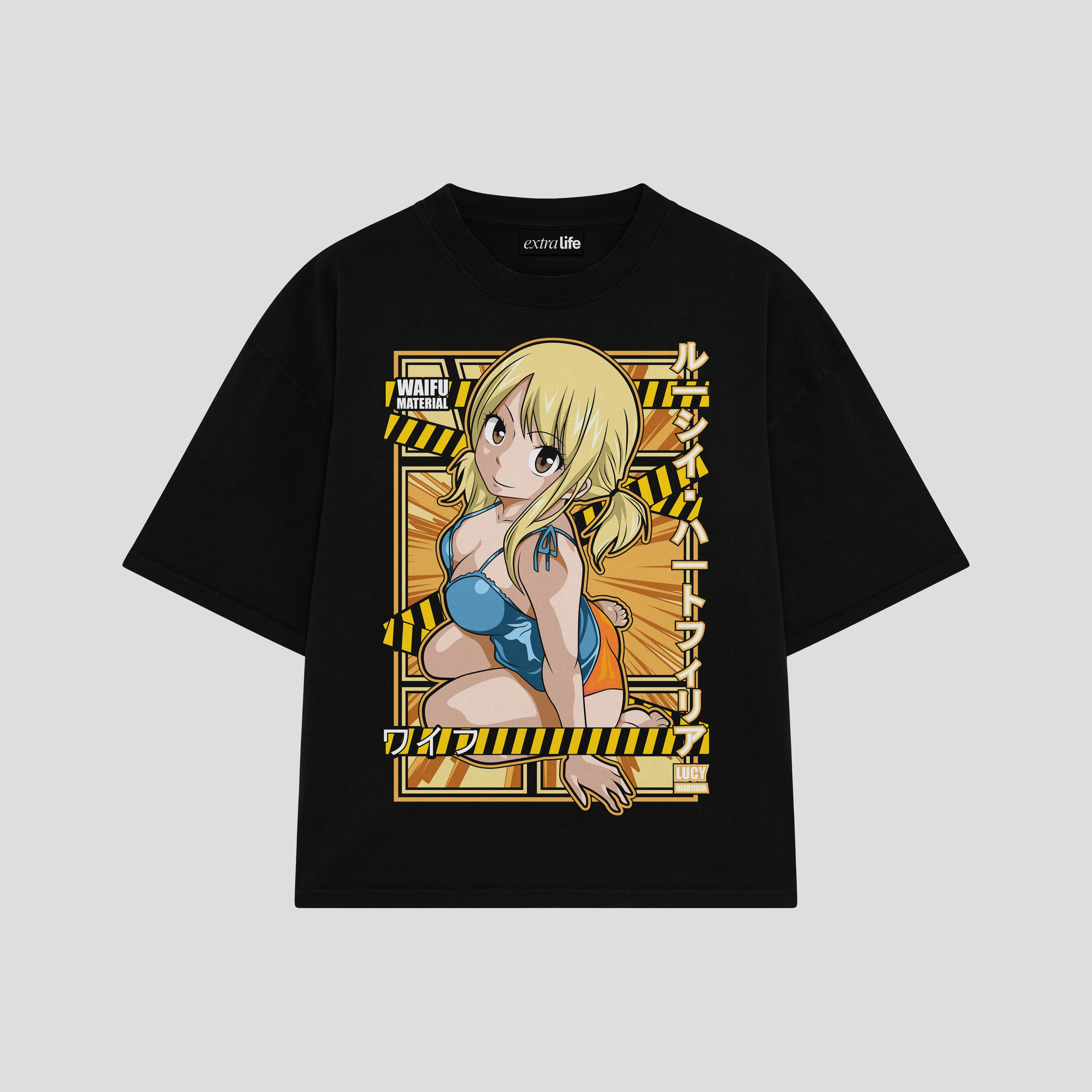Playera streetwear premium de anime y gaming ExtraLife MX, corte boxy oversized drop shoulder heavyweight en color Deep Black y Off-White, moda urbana mexicana de culto.