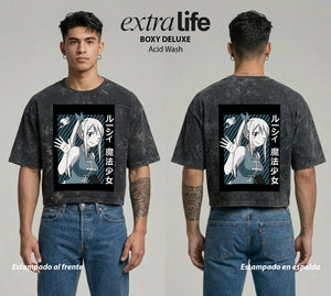 Playera streetwear premium de anime y gaming ExtraLife MX, corte boxy deluxe mineral wash heavyweight en color Acid Wash, moda urbana mexicana de culto.