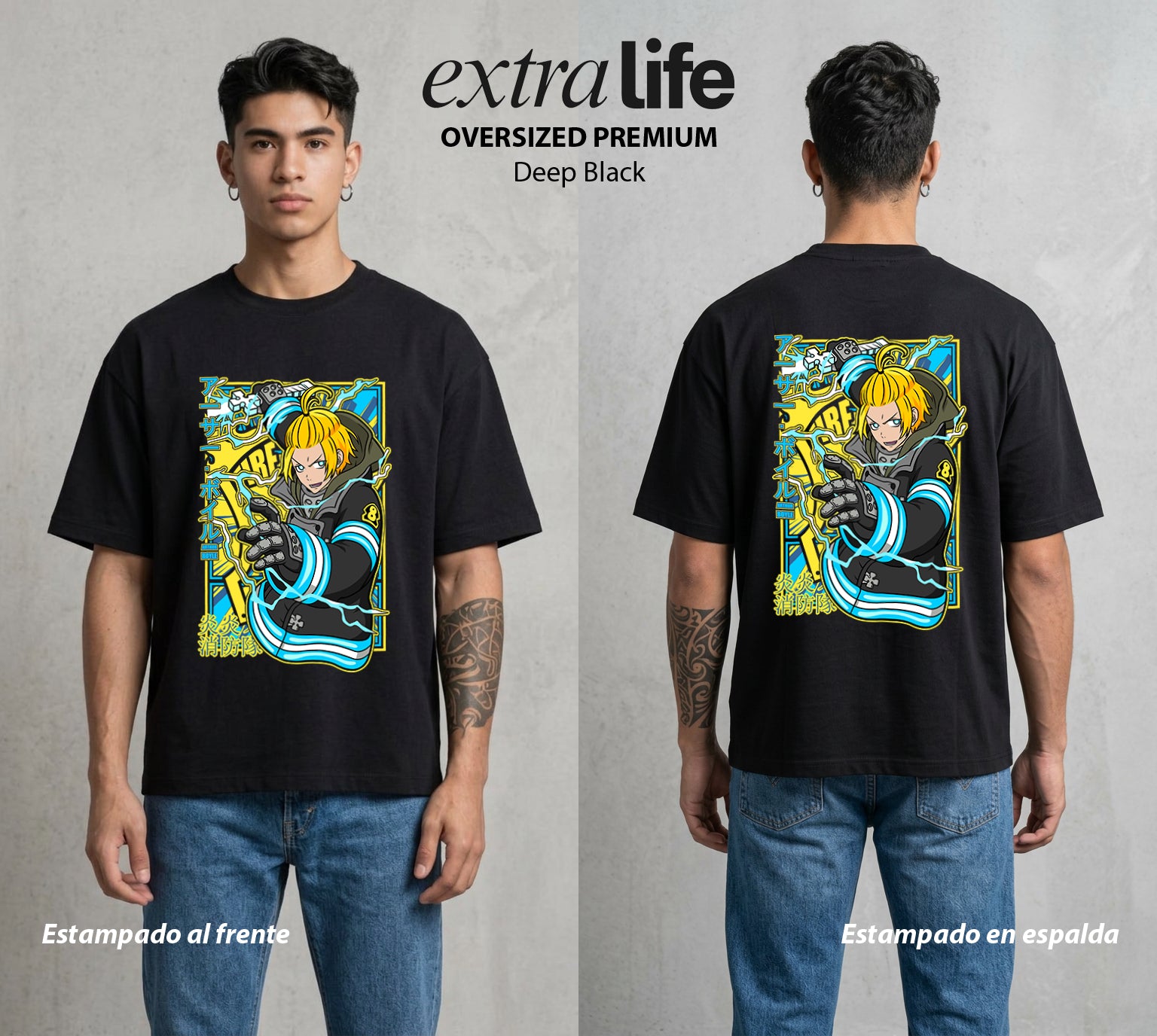 Los Bomberos del Infierno | El Rey del Fuego #01449 - Playera Oversized Premium | Deep Black - Foto en modelo