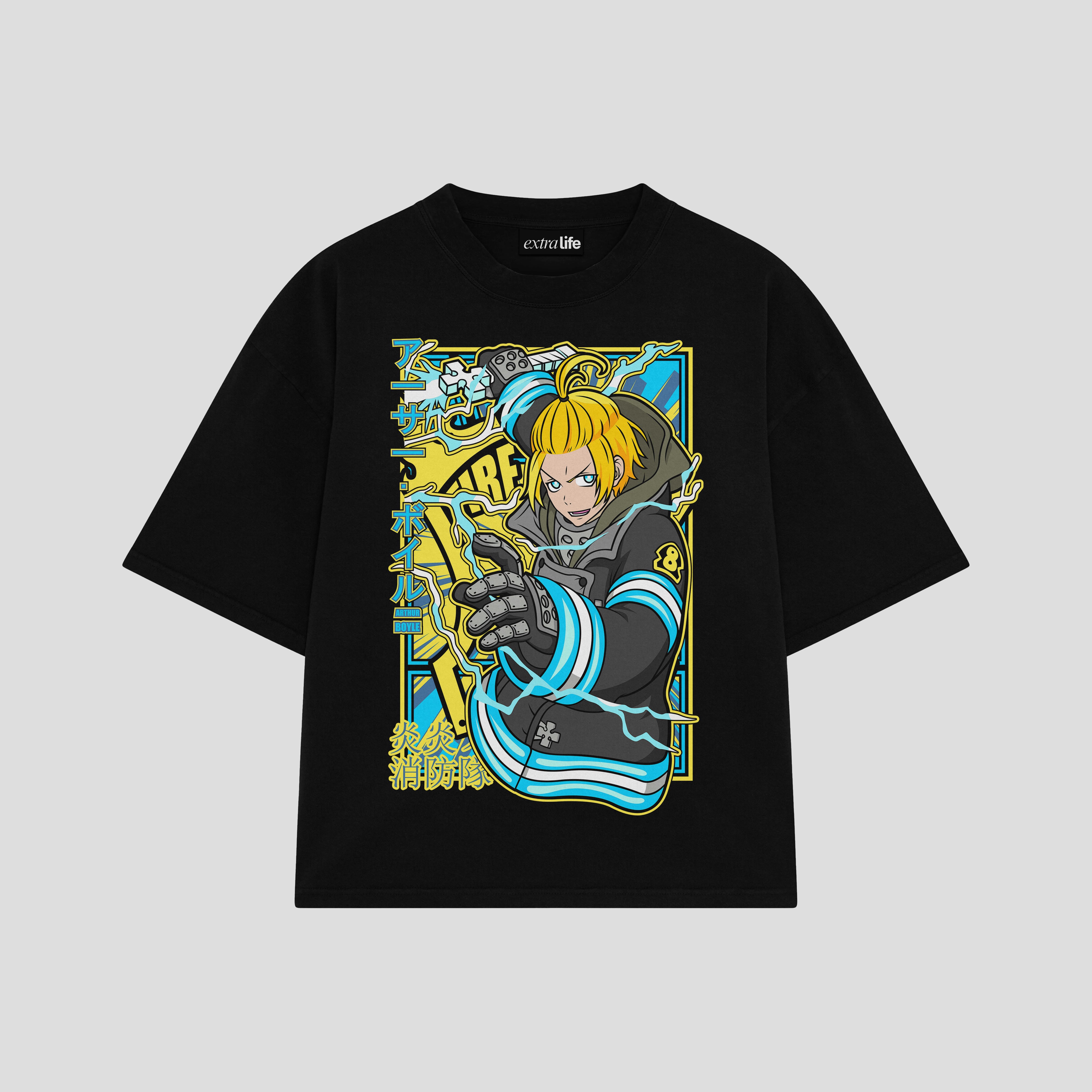 Playera streetwear premium de anime y gaming ExtraLife MX, corte boxy oversized drop shoulder heavyweight en color Deep Black y Off-White, moda urbana mexicana de culto.