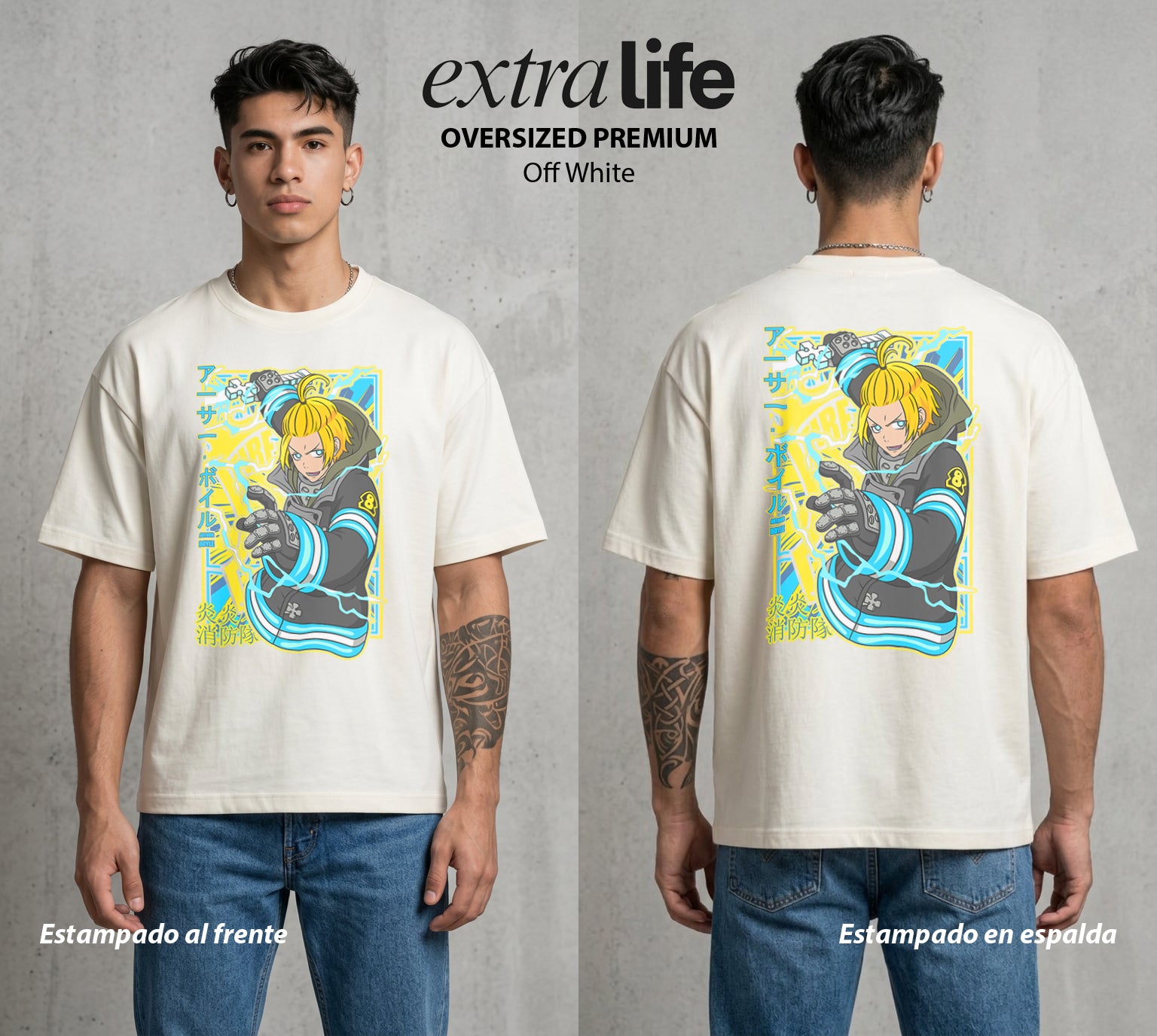 Los Bomberos del Infierno | El Rey del Fuego #01449 - Playera Oversized Premium | Off White - Foto en modelo