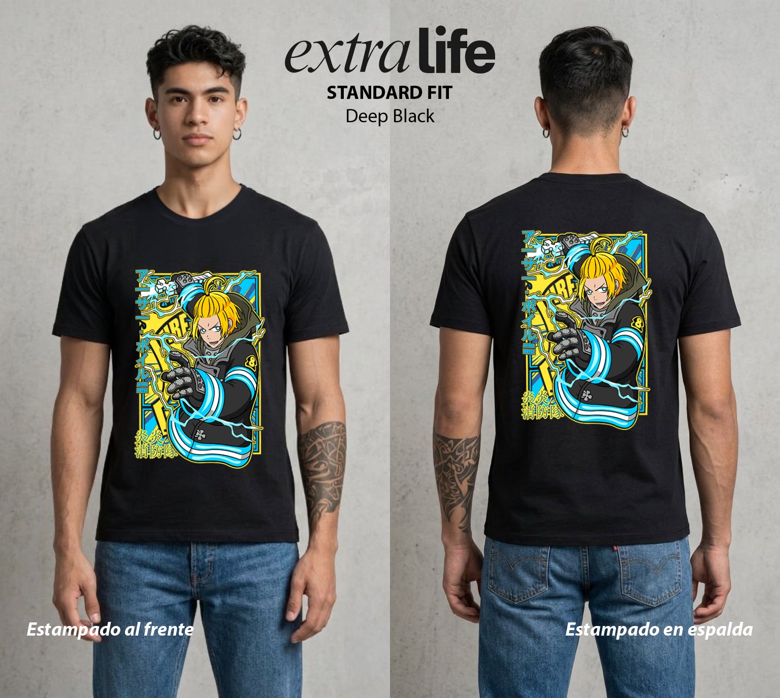 Los Bomberos del Infierno | El Rey del Fuego #01449 - Playera Standard Fit | Deep Black - Foto en modelo