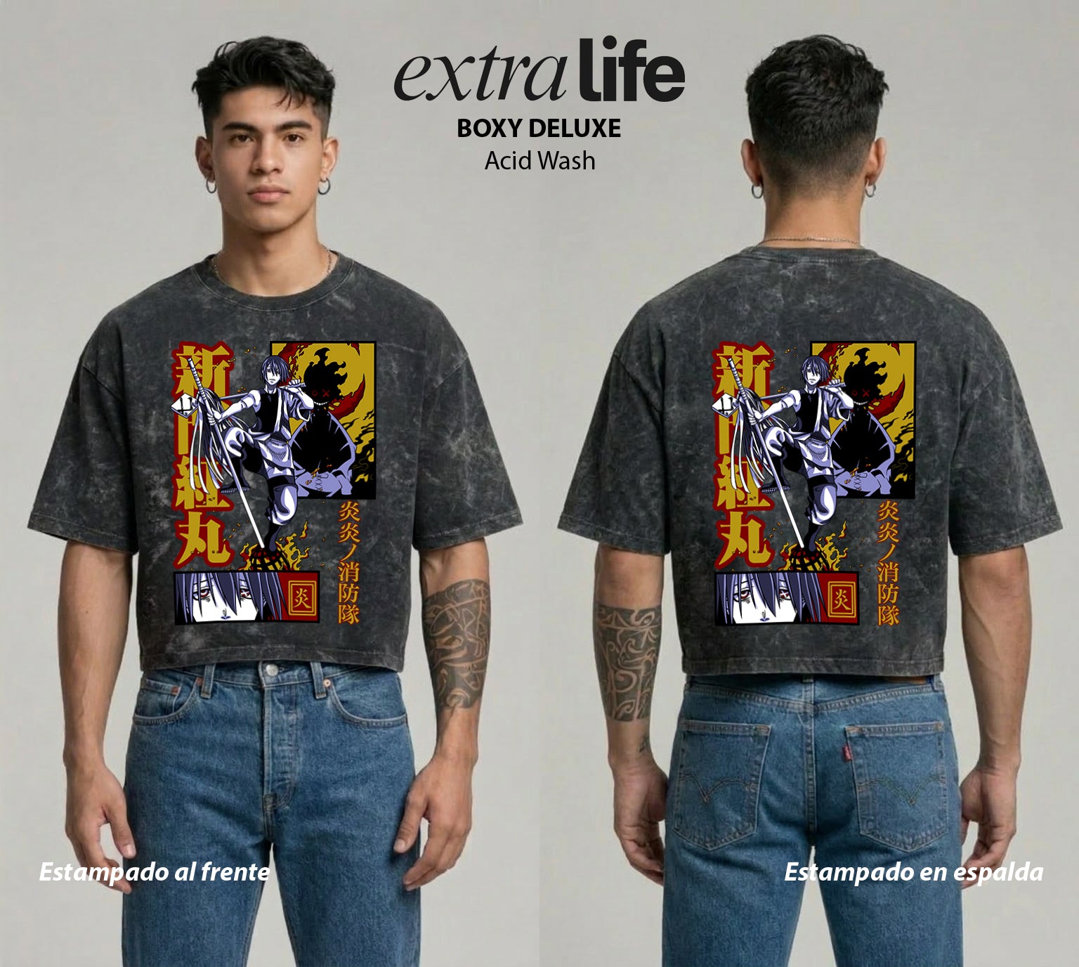 Playera streetwear premium de anime y gaming ExtraLife MX, corte boxy deluxe mineral wash heavyweight en color Acid Wash, moda urbana mexicana de culto.
