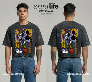 Playera streetwear premium de anime y gaming ExtraLife MX, corte boxy deluxe mineral wash heavyweight en color Acid Wash, moda urbana mexicana de culto.