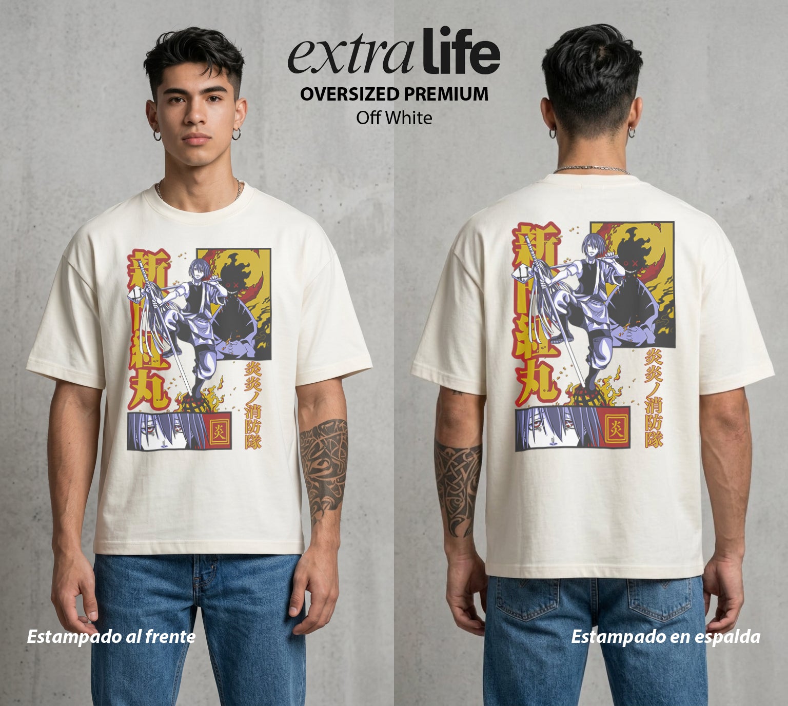 Los Bomberos del Infierno | Los Gemelos del Fuego #01451 - Playera Oversized Premium | Off White - Foto en modelo