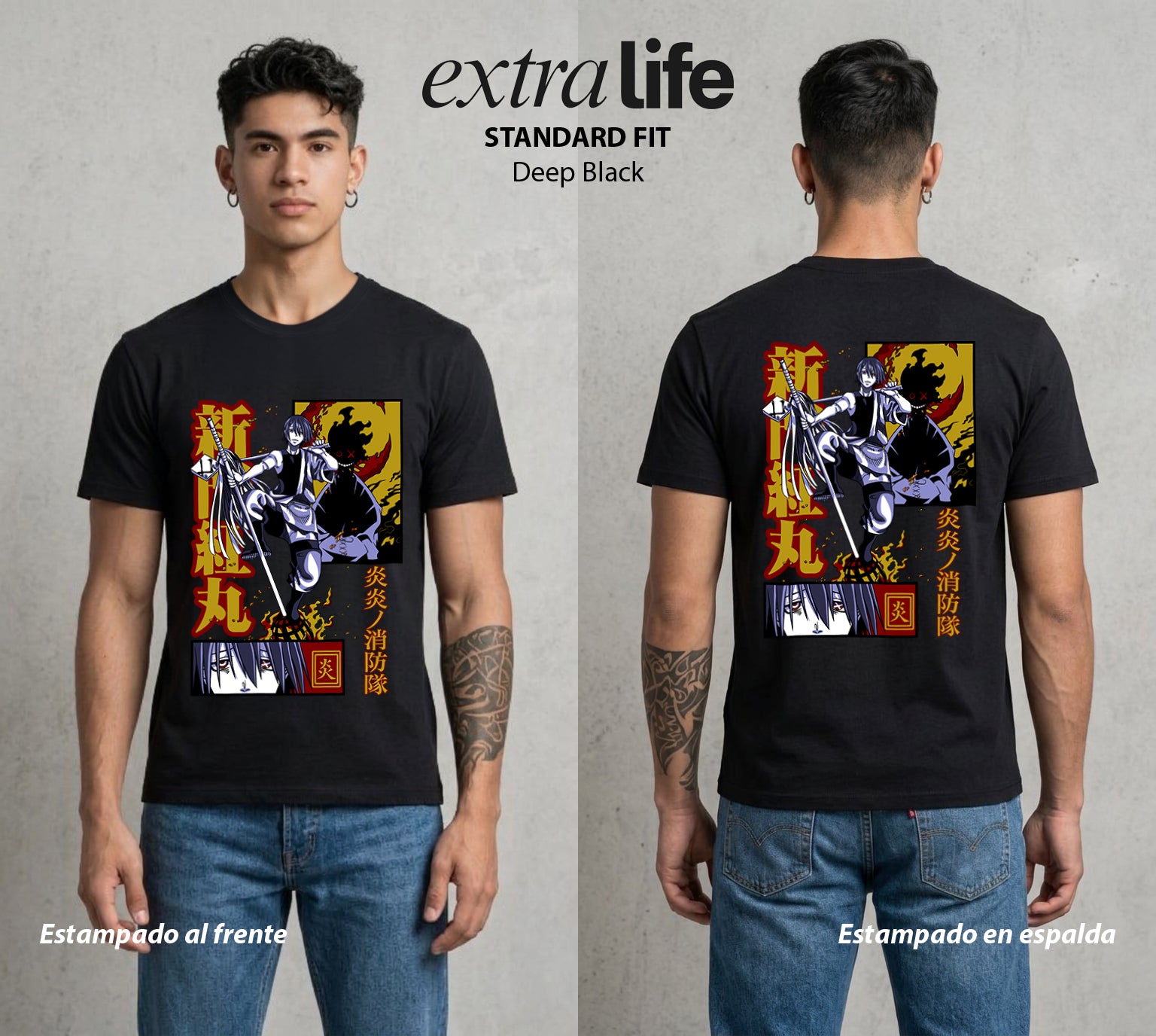 Los Bomberos del Infierno | Los Gemelos del Fuego #01451 - Playera Standard Fit | Deep Black - Foto en modelo