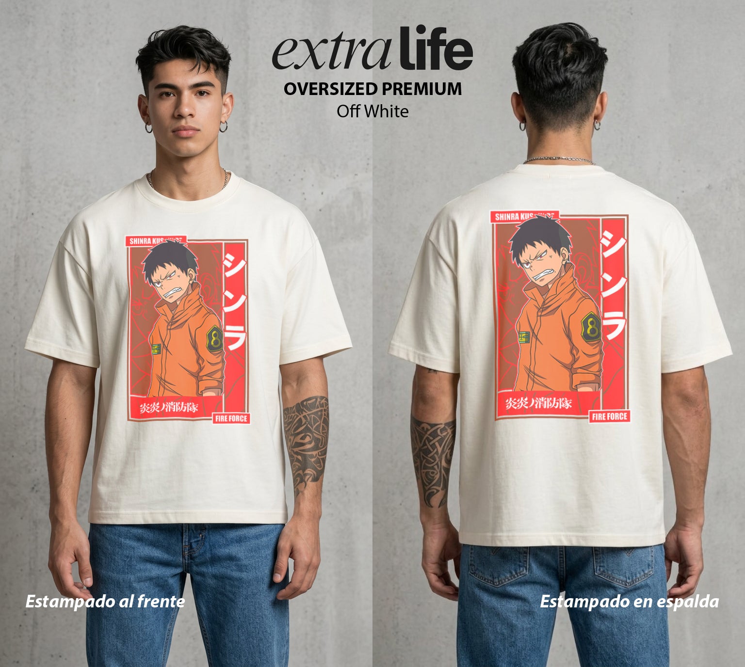 Los Bomberos del Infierno | El Pie del Diablo #01452 - Playera Oversized Premium | Off White - Foto en modelo