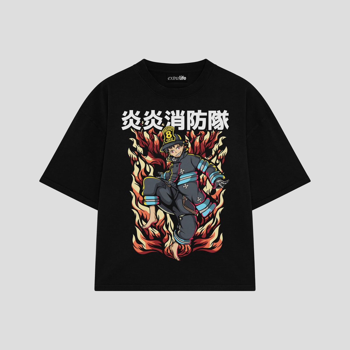 Playera streetwear premium de anime y gaming ExtraLife MX, corte oversized drop shoulder ligero y fresco en color Deep Black y Off-White, moda urbana mexicana de culto.