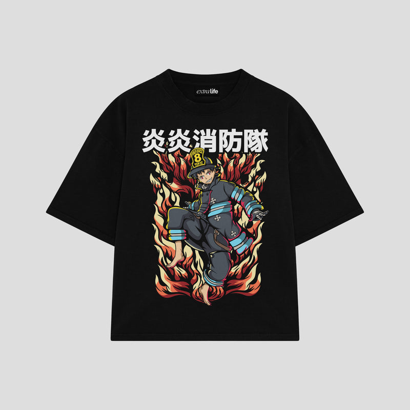 Playera streetwear premium de anime y gaming ExtraLife MX, corte boxy oversized drop shoulder heavyweight en color Deep Black y Off-White, moda urbana mexicana de culto.