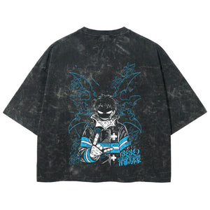 Playera streetwear premium de anime y gaming ExtraLife MX, corte boxy deluxe mineral wash heavyweight en color Acid Wash, moda urbana mexicana de culto.