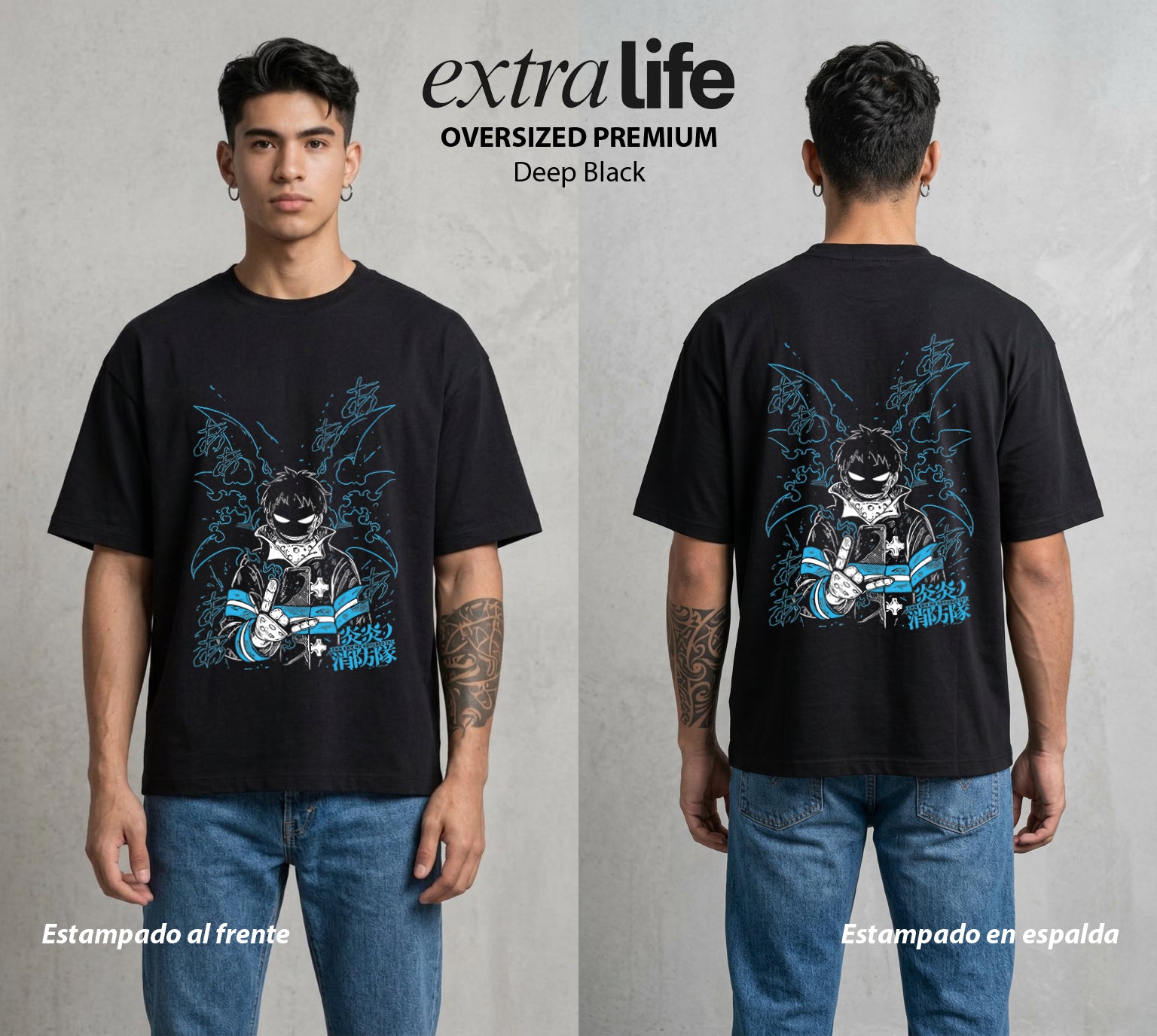 Los Bomberos del Infierno | El Saltador del Fuego #01454 - Playera Oversized Premium | Deep Black - Foto en modelo