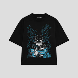 Playera streetwear premium de anime y gaming ExtraLife MX, corte boxy oversized drop shoulder heavyweight en color Deep Black y Off-White, moda urbana mexicana de culto.