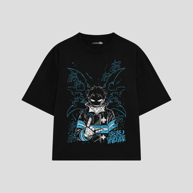Playera streetwear premium de anime y gaming ExtraLife MX, corte boxy oversized drop shoulder heavyweight en color Deep Black y Off-White, moda urbana mexicana de culto.