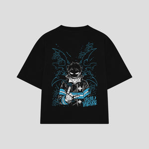 Playera streetwear premium de anime y gaming ExtraLife MX, corte boxy oversized drop shoulder heavyweight en color Deep Black y Off-White, moda urbana mexicana de culto.