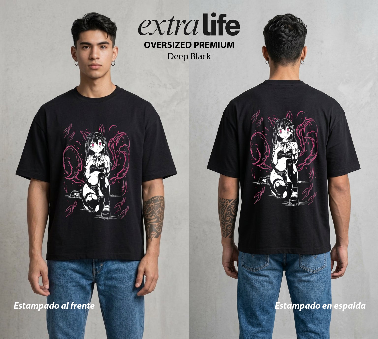 Los Bomberos del Infierno | La Llama Felina #01455 - Playera Oversized Premium | Deep Black - Foto en modelo