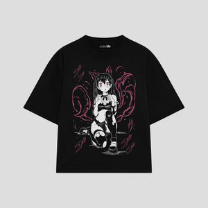 Playera streetwear premium de anime y gaming ExtraLife MX, corte boxy oversized drop shoulder heavyweight en color Deep Black y Off-White, moda urbana mexicana de culto.