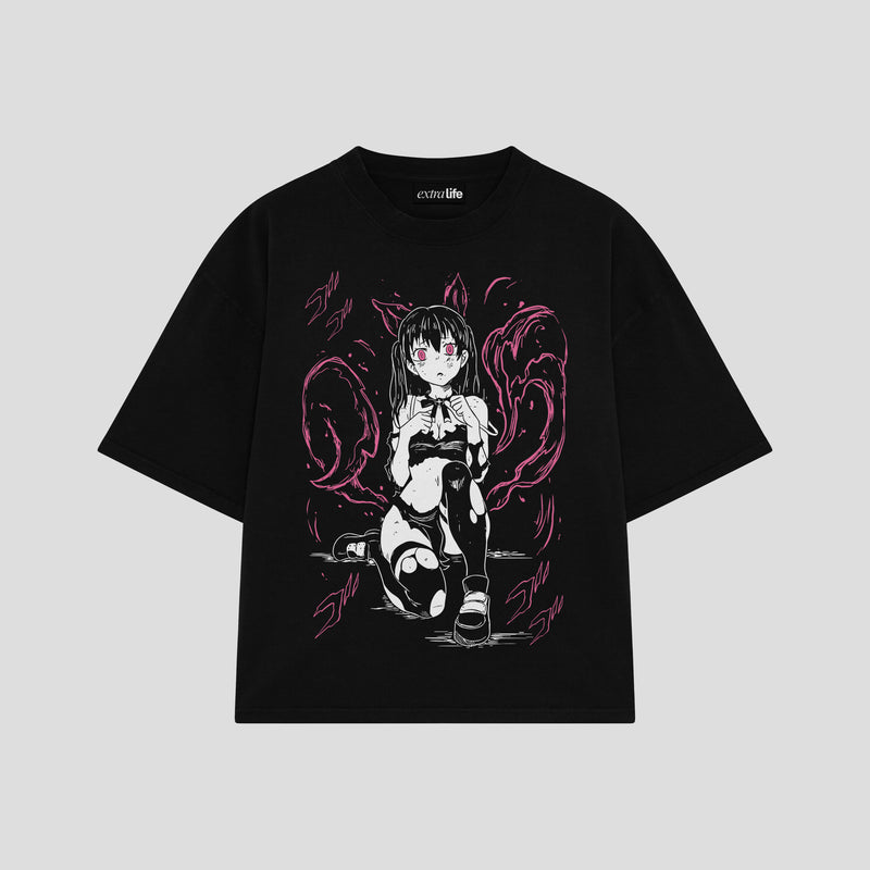 Playera streetwear premium de anime y gaming ExtraLife MX, corte boxy oversized drop shoulder heavyweight en color Deep Black y Off-White, moda urbana mexicana de culto.