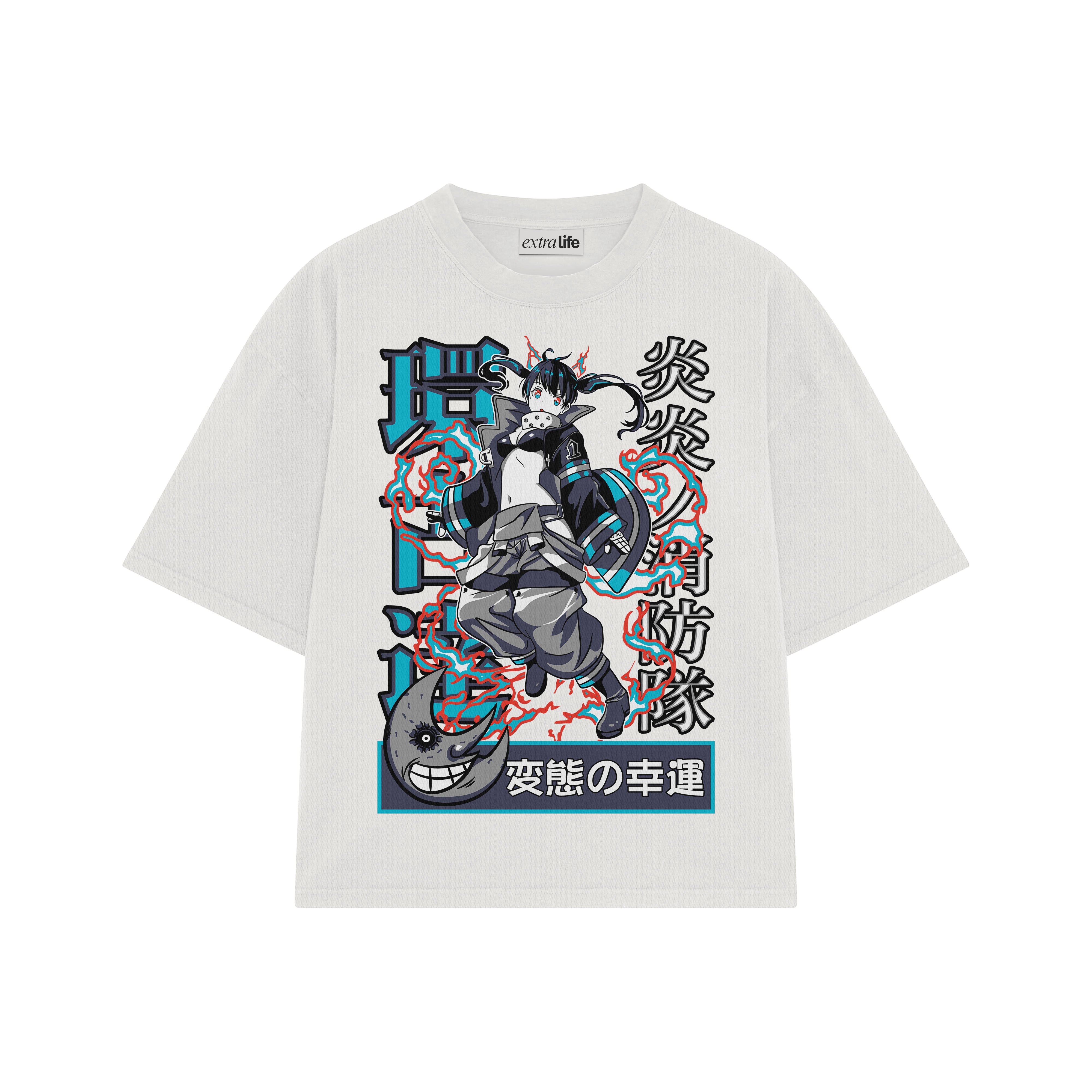 Playera streetwear premium de anime y gaming ExtraLife MX, corte boxy oversized drop shoulder heavyweight en color Deep Black y Off-White, moda urbana mexicana de culto.