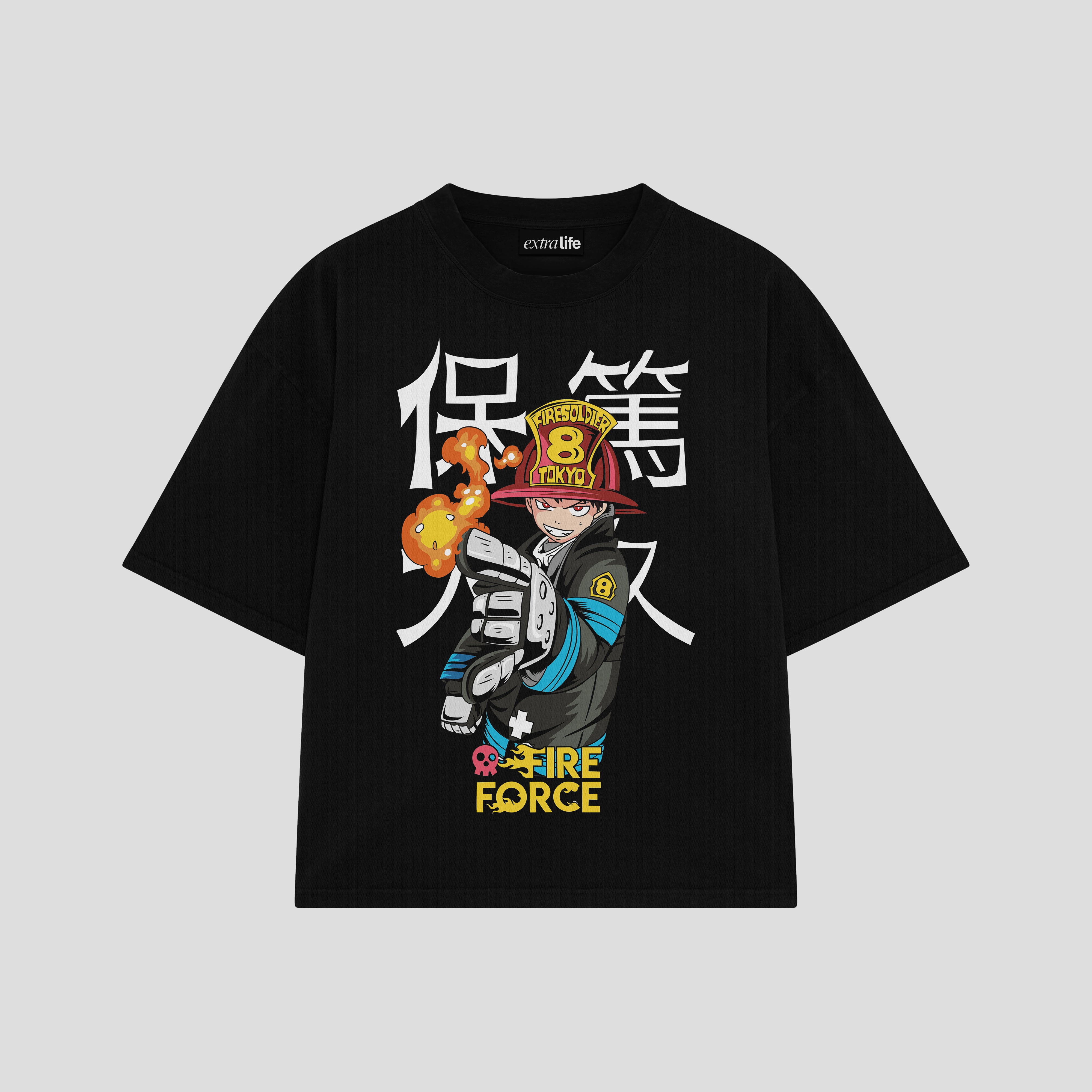 Playera streetwear premium de anime y gaming ExtraLife MX, corte boxy oversized drop shoulder heavyweight en color Deep Black y Off-White, moda urbana mexicana de culto.