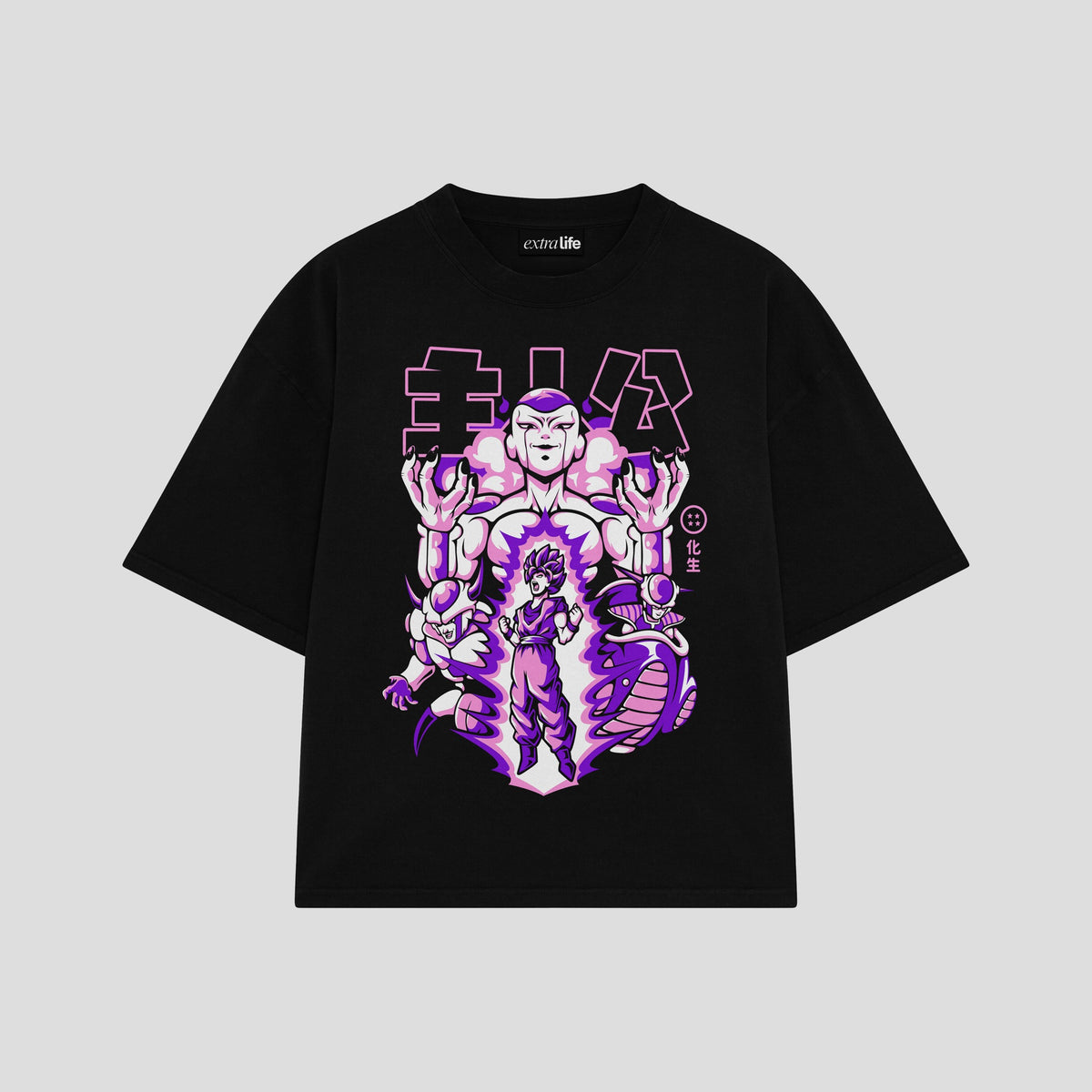 Playera streetwear premium de anime y gaming ExtraLife MX, corte oversized drop shoulder ligero y fresco en color Deep Black y Off-White, moda urbana mexicana de culto.